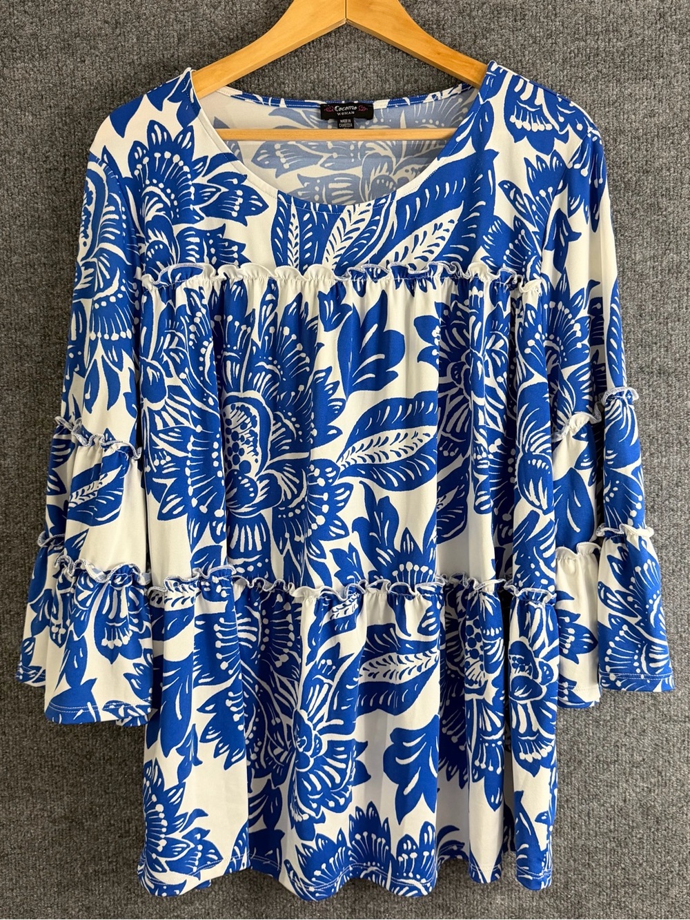 Cocomo Womens 2X Floral Tiered Top Blue White 3/4 Bell Sleeve Tropical Casual